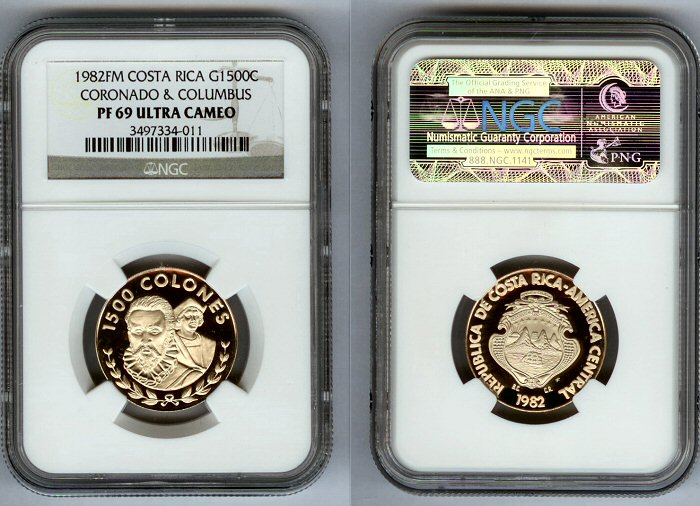 1982 FM GOLD COSTA RICA 1500 COLONES NGC PROOF 69 ULTRA CAMEO  ONLY 724 MINTED