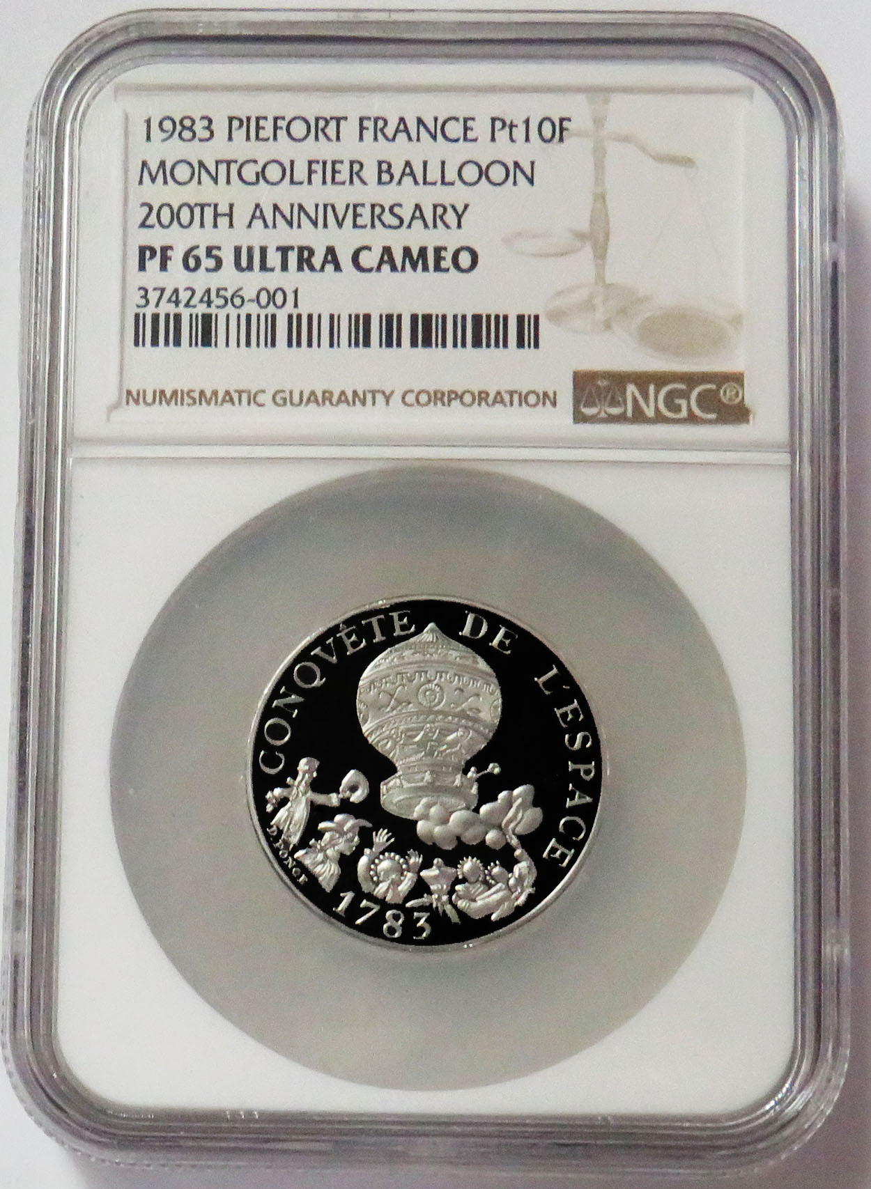 1983 PLATINUM  PIEFORT FRANCE 10 FRANCS MONTGOLFIER BALLOON ANNIV NGC PROOF 65 ULTRA CAMEO ONLY 13 MINTED
