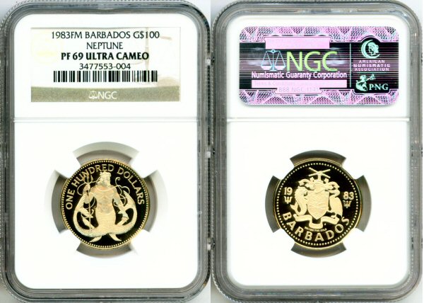 1983 GOLD BARBADOS $100 NGC PROOF 69 ULTRA CAMEO NEPTUNE ONLY 484 MINTED "NEPTUNE"