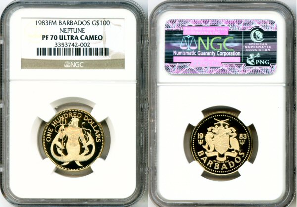 1983 GOLD BARBADOS $100 NGC PERFECT PROOF 70 ULTRA CAMEO "NEPTUNE"  ONLY 484 MINTED