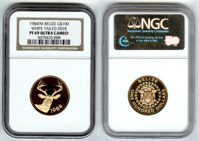 1984 GOLD BELIZE $100 WHITE-TAILED DEER NGC PROOF 69 ULTRA CAMEO ONLY 965 MINTAGE