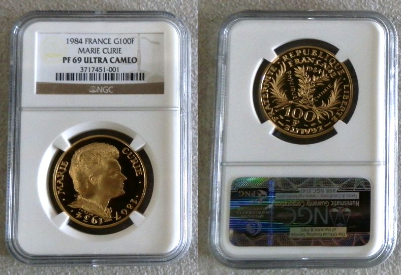 1984 GOLD FRANCE 100 FRANC NGC PROOF 69 ULTRA CAMEO "MARIE CURIE"