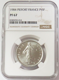 1984 PLATINUM 5 MINTED PIEFORT FRANCE 5 FRANCS NGC PROOF 67