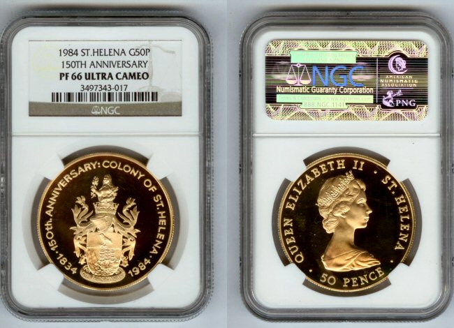 1984 GOLD ST. HELENA 50 PENCE 150TH ANN NGC PROOF 66 UC 150 MADE
