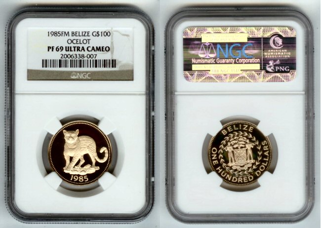 1985 GOLD BELIZE $100 NGC PROOF 69 ULTRA CAMEO "OCELOT" ONLY 899 MINTED