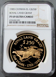 1985 GOLD CAYMAN ISLANDS $250 NGC PROOF 69 ULTRA CAMEO ROYAL LAND GRANT 250th ANNIVERSARY 250 MINTED