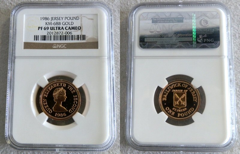 1986 GOLD JERSEY £1 DOUBLE THICK NGC PROOF 69 ULTRA CAMEO "PARISH OF STAINT PETER" ONLY 250 MINTED