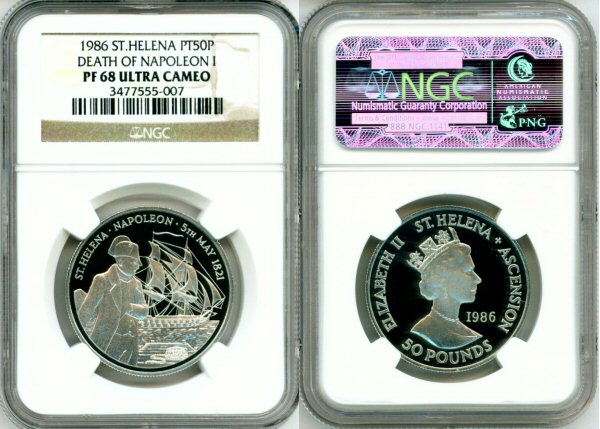 1986 PLATINUM ST HELENA 50 POUNDS NGC PROOF 68 ULTRA CAMEO  "NAPOLEONS DEATH"