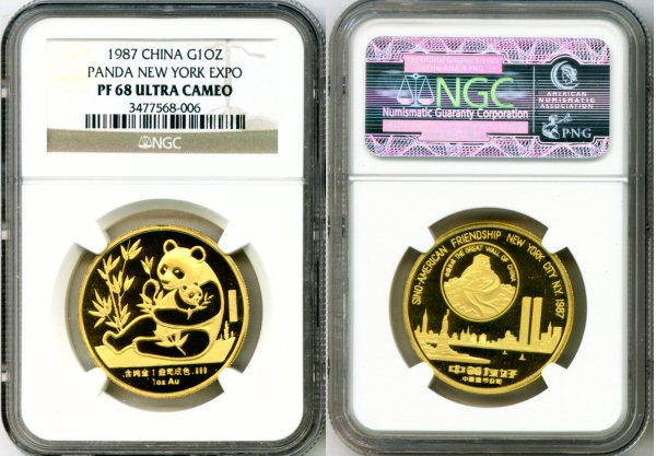 1987 GOLD CHINA PANDA 1 OUNCE N.Y. EXPO NGC PROOF 68UC