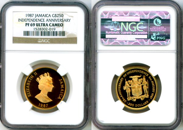 1987 GOLD JAMAICA $250 NGC PROOF 69 ULTRA CAMEO ONLY 250 MINTED "INDEPENDENCE ANNIVERSARY"
