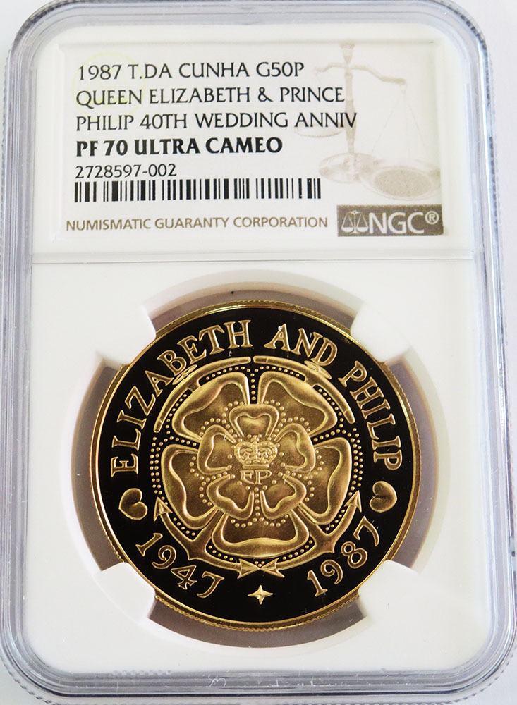 1987 GOLD TRISTAN DA CUNHA 50 PENCE NGC PROOF 70 ULTRA CAMEO "ROYAL WEDDING" FINEST KNOWN ONLY 75 MINTED 
