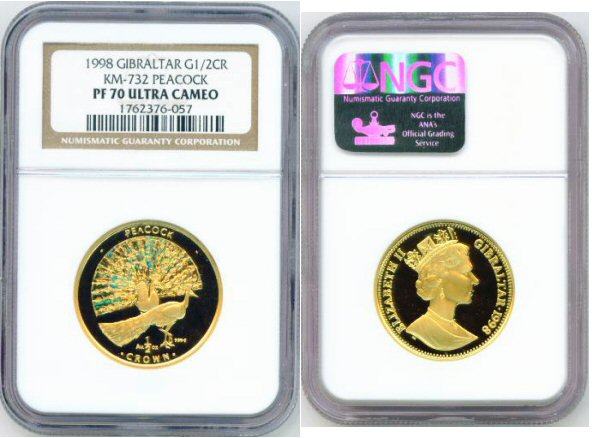 1998 GOLD GIBRALTAR 1/2 CROWN NGC PROOF 70 ULTRA CAMEO "HOLOGRAM PEACOCK"