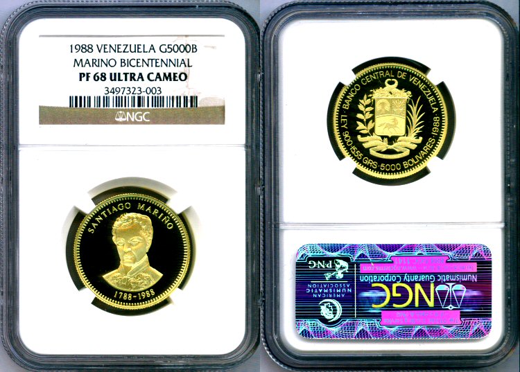 1988 GOLD VENEZUELA 5000 BOLIVARES NGC PF 68UC SANTIAGO MARINO