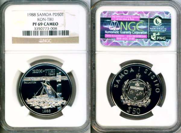 1988 PALLADIUM WESTERN SAMOA 50 TALA COIN NGC PF 69UC KON-TIKI