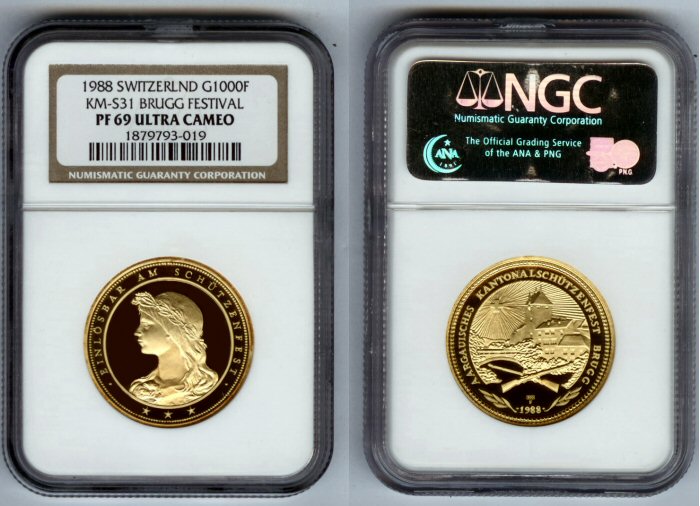 1988 GOLD SWITZERLAND 1000 FRANCS NGC PROOF 69 ULTRA CAMEO ONLY 400 MINTED "CANTONAL SHOOTING FESTIVAL OF AARGAU IN BRUGG"