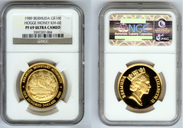 1989 GOLD BERMUDA $100 HOGGE MONEY NGC PROOF 69 ULTRA CAMEO ONLY 500 MINTED