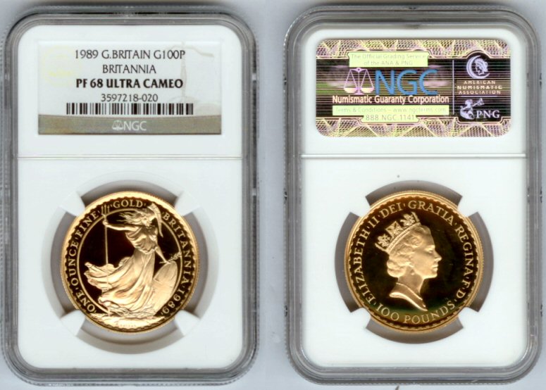 1989 GOLD GREAT BRITAIN 100 POUND NGC PROOF 68 ULTRA CAMEO "BRITANNIA" ONLY 2,268 MINTED