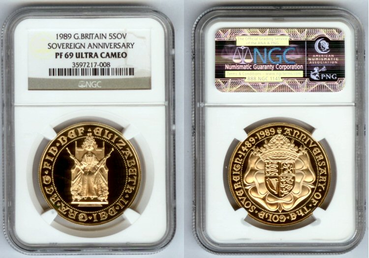 1989 GOLD GREAT BRITAIN 5 POUND NGC PROOF 69 ULTRA CAMEO SOVEREIGN ANNIVERSARY