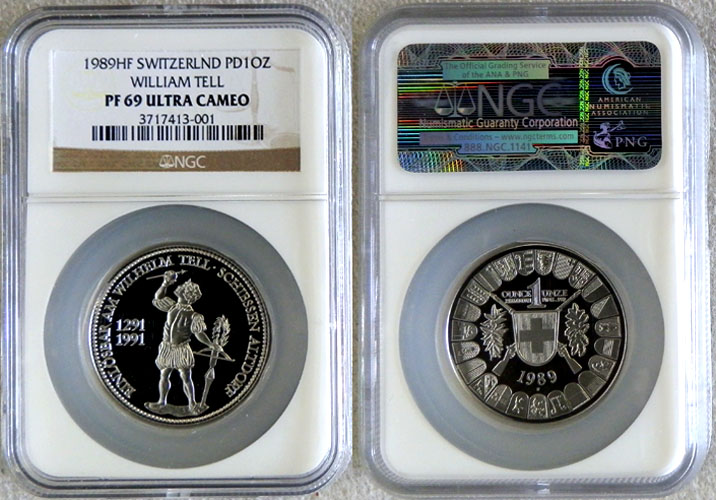 1989 PALLADIUM SWITZERLAND WILLIAM TELL NGC PROOF 69 ULTRA CAMEO ONLY 250 MINTED "SHOOTING MEDAL"