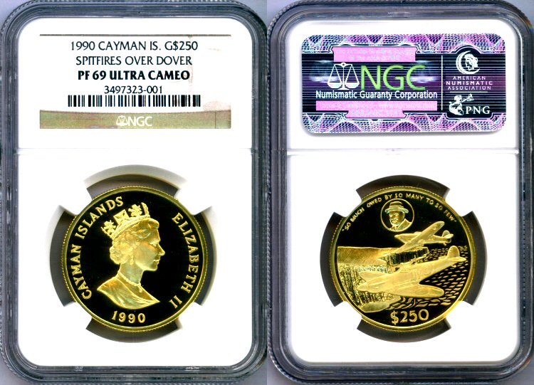 1990 GOLD CAYMAN ISLANDS $250 NGC PROOF 69 ULTRA CAMEO ONLY 500 MINTED "50TH ANNIVERSARY OF THE BATTLE OF BRITAIN - "SPITFIRES OVER DOVER"