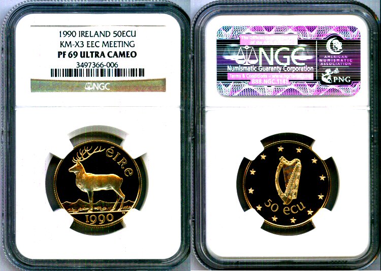 1990 GOLD IRELAND 50 ECU NGC PROOF 69UC EEC MEETING