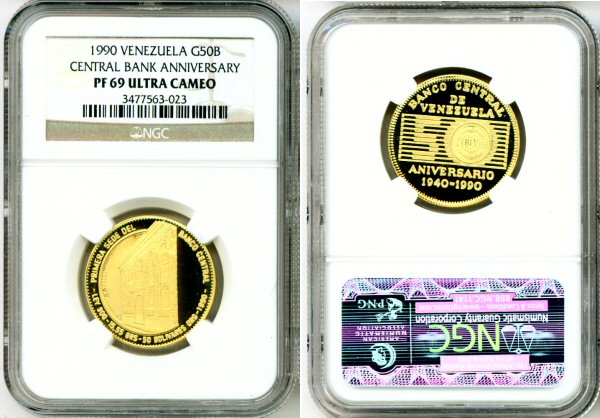 1990 GOLD VENEZUELA 50 BOLIVARES NGC PROOF 69UC CENTRAL BANK