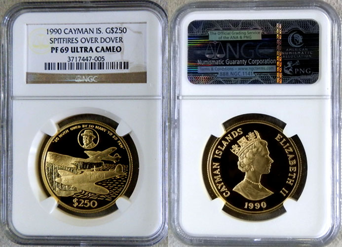 1990 GOLD CAYMAN ISLAND $250 NGC PROOF 69 ULTRA CAMEO SPITFIRES ONLY 250 MINTED