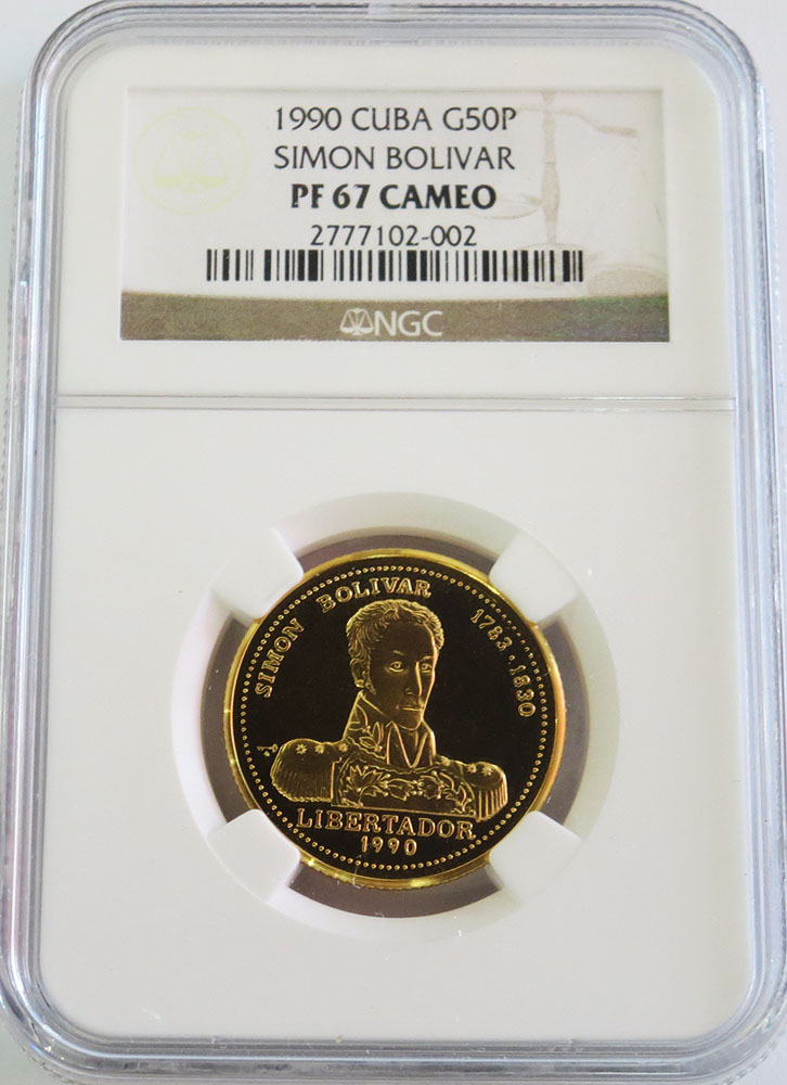 1990 GOLD CUBA 50 PESO SIMON BOLIVAR NGC PROOF 67 CAMEO 50 MINTED