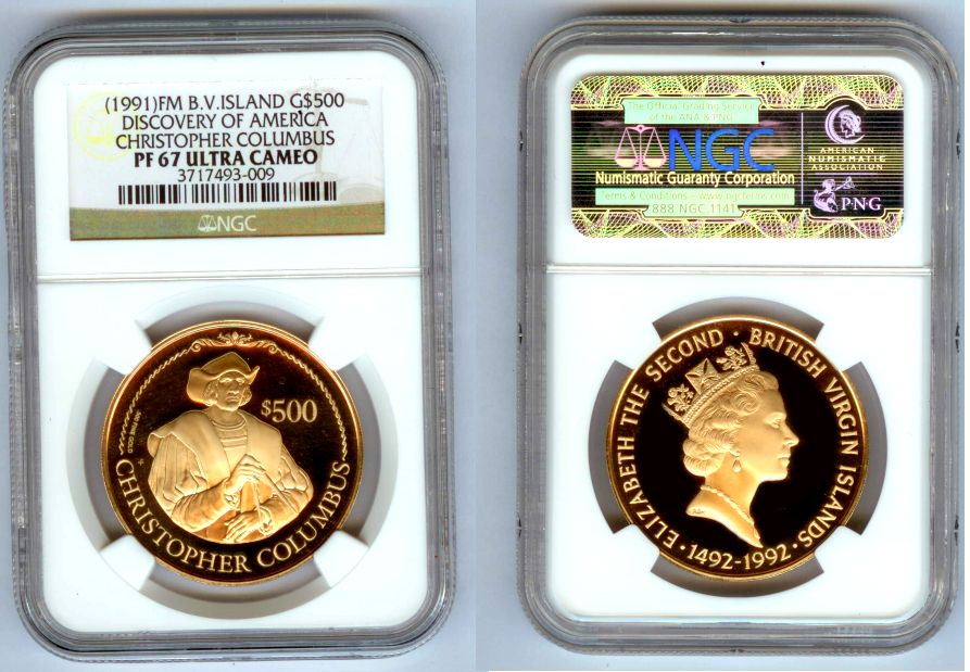 1991 FM GOLD BRITISH VIRGIN ISLANDS $500 NGC PROOF 67 ULTRA CAMEO "COLUMBUS DISCOVERY OF AMERICA"  ONLY 50 MINTED