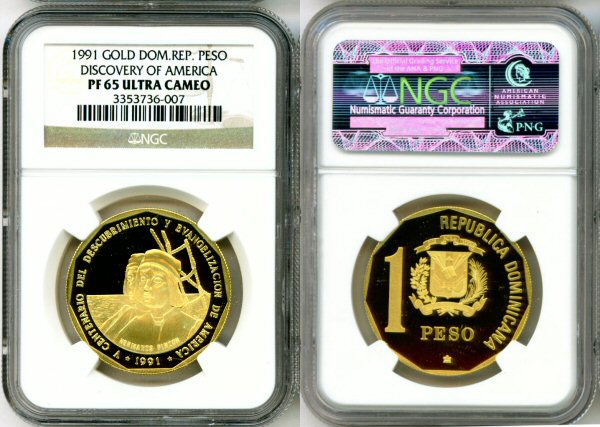 1991 GOLD DOMINICAN REPUBLIC PESO NGC PROOF 65 ULTRA CAMEO "AMERICA DISCOVERED" ONLY 35 MINTED 