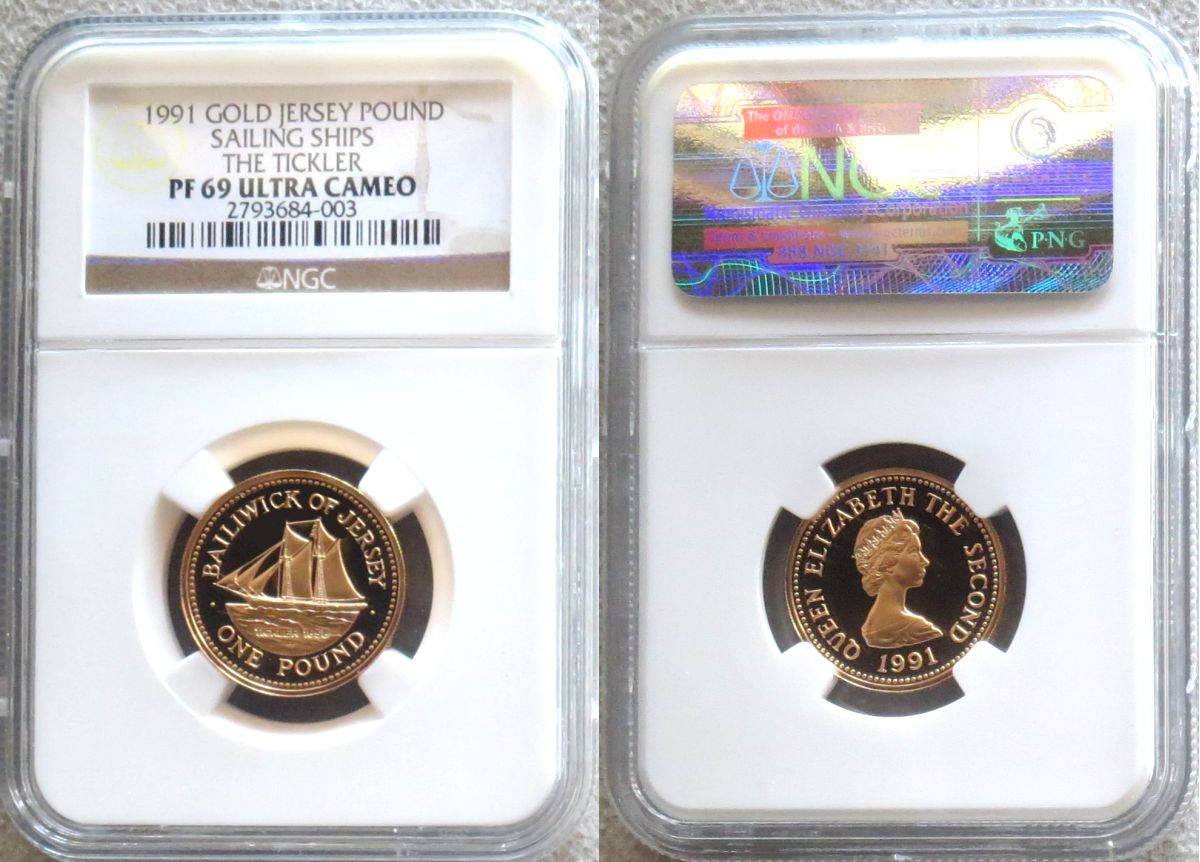 1991 GOLD JERSEY POUND COIN NGC PROOF 69 ULTRA CAMEO "SCHOONER SHIP TICKLER" ONLY 250 MINTED 