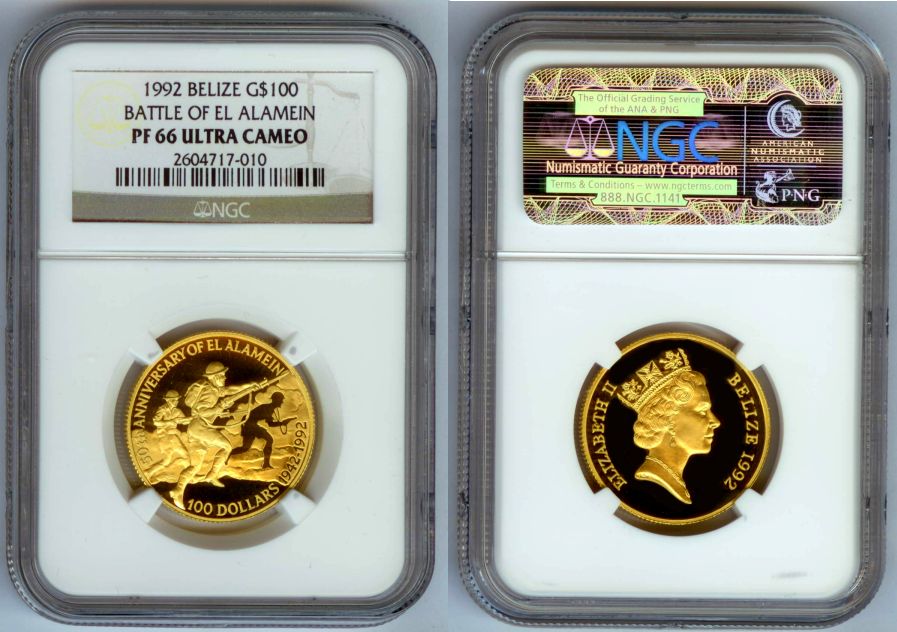 1992 GOLD BELIZE $100 NGC PROOF 66 ULTRA CAMEO "WWII BATTLE OF EL ALAMEIN" ONLY 500 MINTED