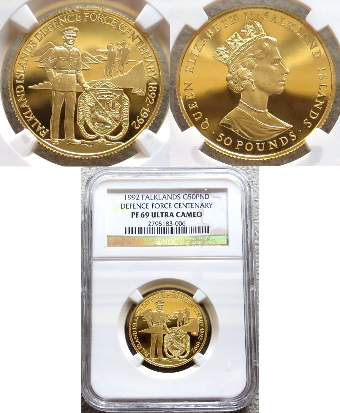 1992 GOLD FALKLAND  50 POUND DEFENCE NGC PROOF 69 ULTRA CAMEO "100TH ANNIVERSARY OF THE DEFENCE FORCE"  ONLY 400 MINTED