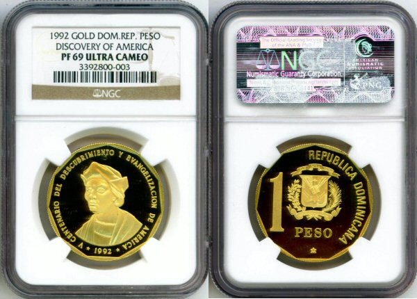 1992 GOLD DOMINICAN REPUBLIC PESO NGC PROOF 69 ULTRA CAMEO "AMERICAN DISCOVERY" ONLY 35 MINTED
