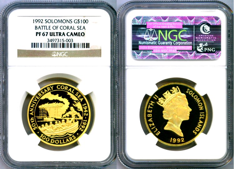 1992 GOLD SOLOMON ISLANDS $100 NGC PROOF 67 ULTRA CAMEO "CORAL SEA" ONLY 500 MINTED