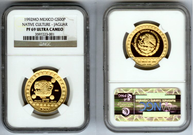 1992 MO GOLD MEXICO 500 PESOS NGC PROOF 69 ULTRA CAMEO "NATIVE CULTURE -JAGUAR"