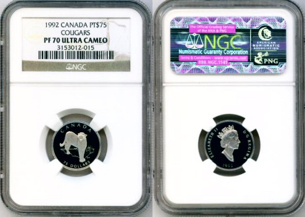 1992 PLATINUM CANADA $75 COIN NGC PROOF 70 ULTRA CAMEO "WILDLIFE SERIES COUGARS" ONLY 1,000 MINTED