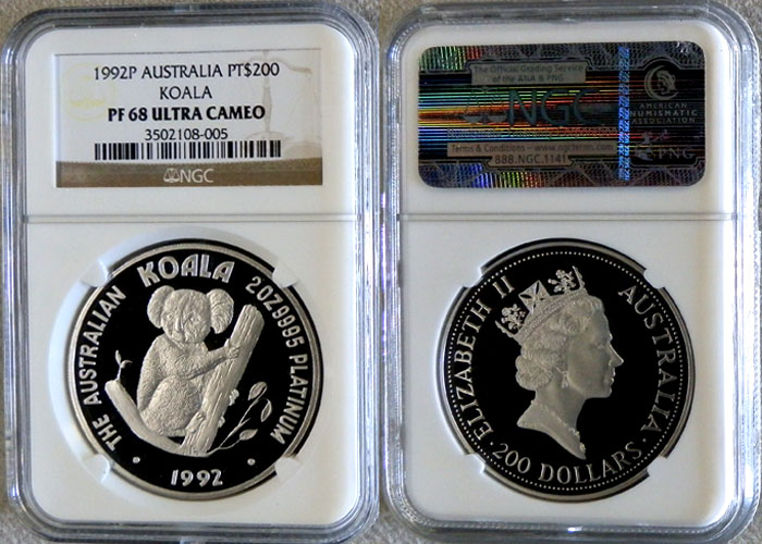 1992 PERTH MINT PLATINUM AUSTRALIA  " KOALA 2 OZ" $200 COIN NGC PROOF  68 ULTRA CAMEO ONLY 88 MINTED 