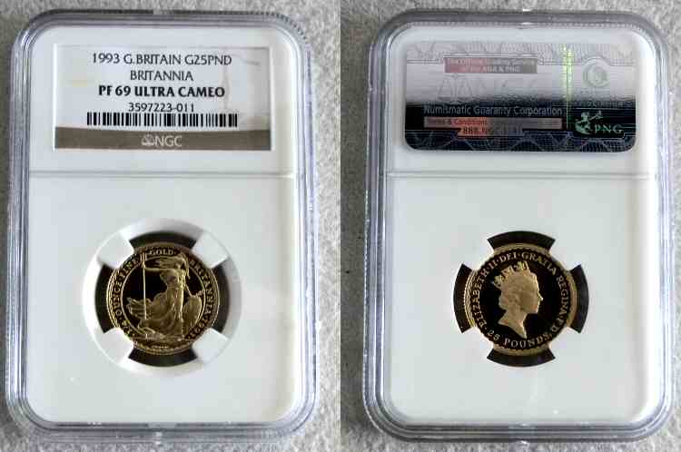 1993 GOLD GREAT BRITAIN 25 POUNDS NGC PROOF 69 ULTRA CAMEO "BRITANNIA" ONLY 500 MINTED