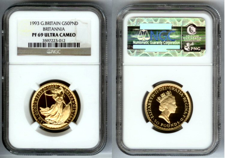 1993 GOLD GREAT BRITAIN 50 POUNDS NGC PROOF 69 ULTRA CAMEO "BRITANNIA" ONLY 462 MINTED 