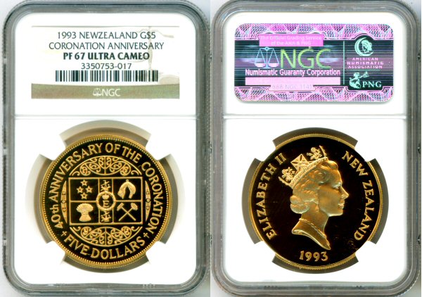 1993 GOLD NEW ZEALAND $5 NGC PROOF 67UC ONLY 210 MINTED