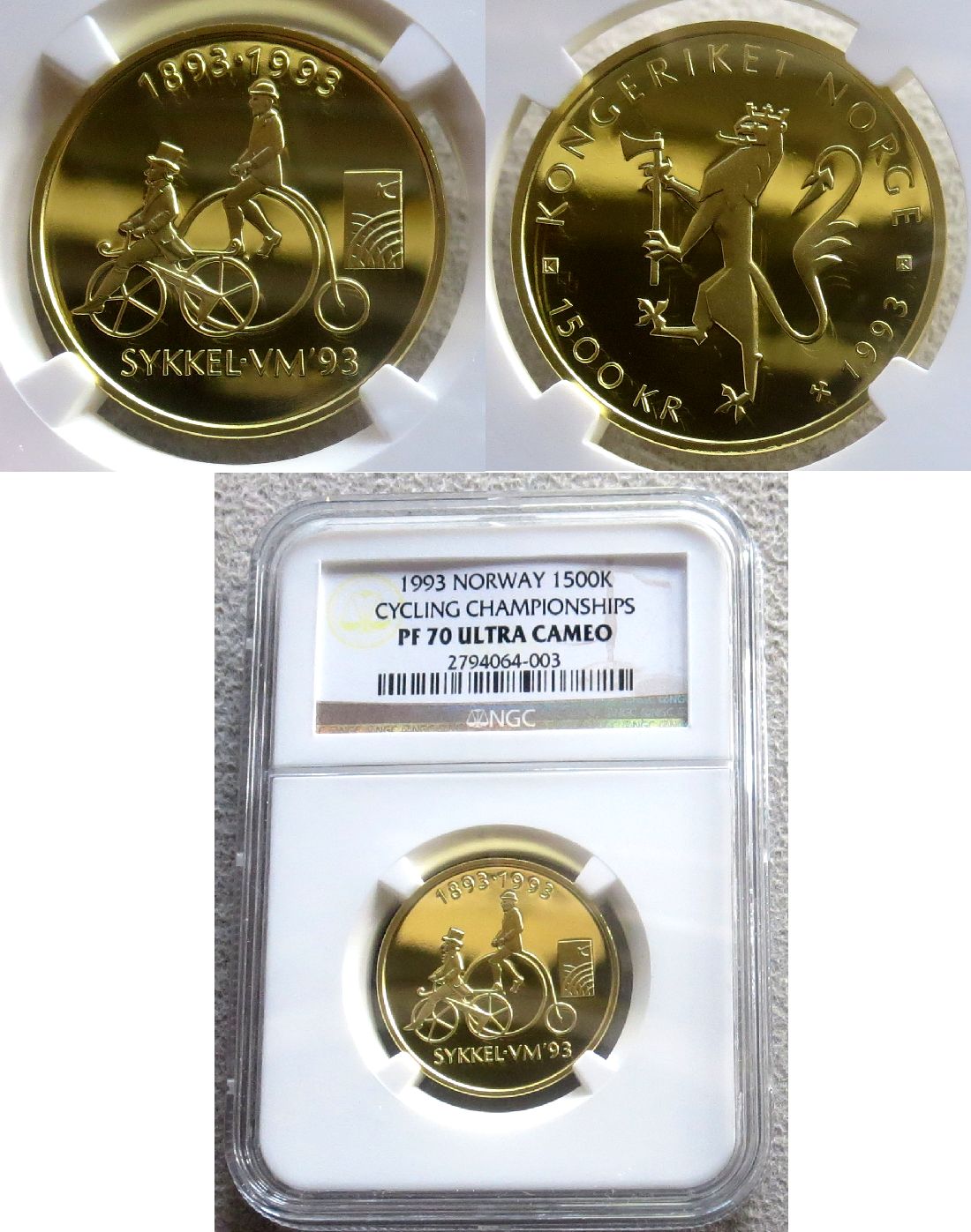 1993 GOLD NORWAY 1500 KRONER  NGC PROOF 70 ULTRA CAMEO "ANTIQUE CYCLES"