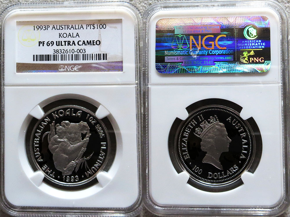 1993 PERTH MINT PLATINUM AUSTRALIA $100 COIN NGC PROOF 69 ULTRA CAMEO  "KOALA" ONLY 165 MINTED