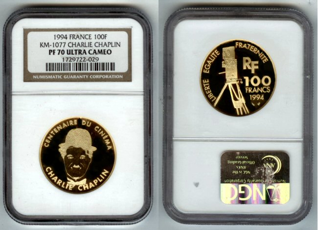 1994 GOLD FRANCE 100 FRANC COIN NGC PROOF 70 ULTRA CAMEO  CHARLIE CHAPLIN