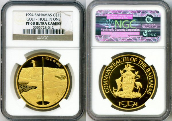 1994 GOLD BAHAMAS $25 NGC PROOF 68 ULTRA CAMEO "GOLF HOLE IN ONE" ONLY 500 MINTED