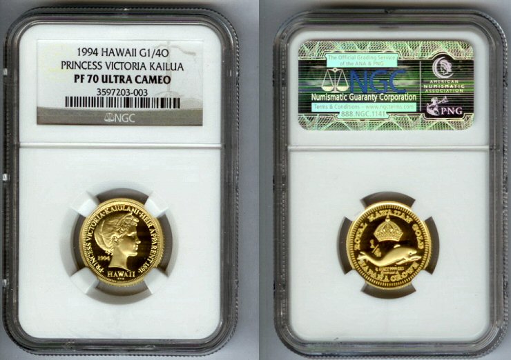 1994 GOLD HAWAII 1/4 OZ NGC PERFECT PROOF 70 ULTRA CAMEO ONLY 400 MINTED "PRINCESS KAIULANI"