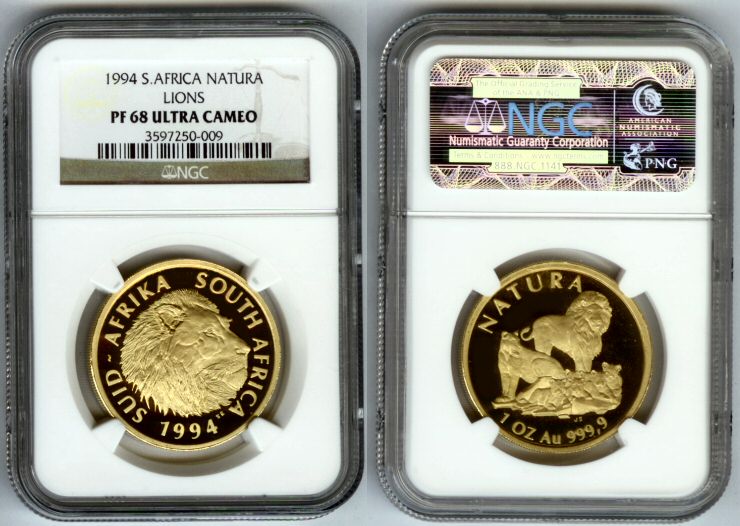 1994 GOLD SOUTH AFRICA 1 OZ  NATURA NGC PROOF 68 ULTRA CAMEO  ONLY 984 MINTED "NATURA "THE BIG FIVE" SERIES - THE LION"