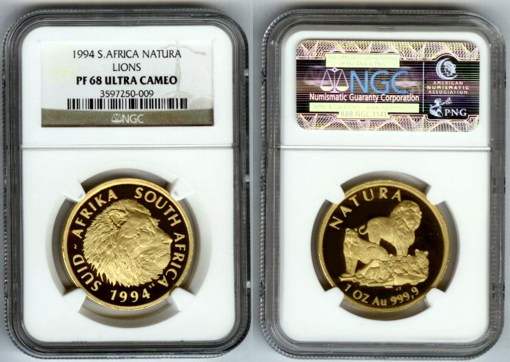 1994 GOLD SOUTH AFRICA 1 OZ  NATURA NGC PROOF 68 ULTRA CAMEO  ONLY 984 MINTED "NATURA "THE BIG FIVE" SERIES - THE LION"