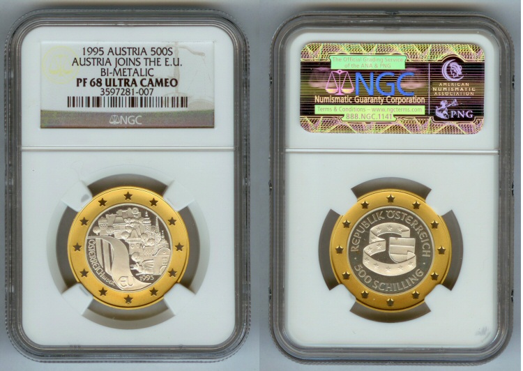 1995 GOLD SILVER BI-METAL AUSTRIA 500 SCHILLING NGC PROOF 68 ULTRA CAMEO