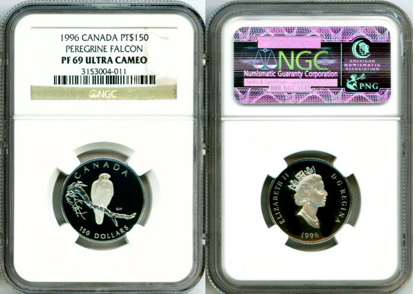 1996 PLATINUM CANADA $150 NGC PROOF 69 ULTRA CAMEO "WILDLIFE SERIES PEREGRINE FALCON" ONLY 196 MINTED